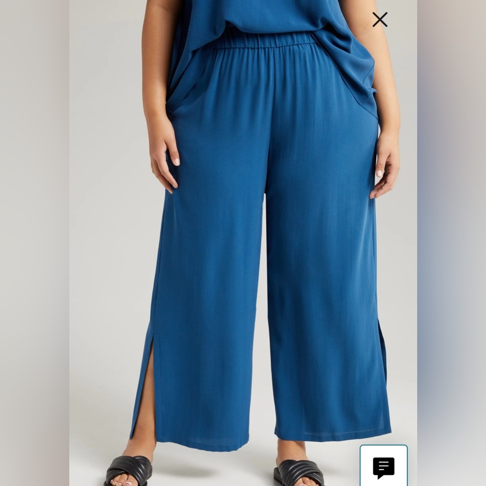 NWT Eileen Fisher Blue Wide-Leg Luxury Silk Pants with Ankle Hem Slit Sz 2X